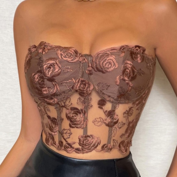 BellanBlue Tops - Boho Coffee Brown Lace Floral Embroidered Corset Bustier Crop Top